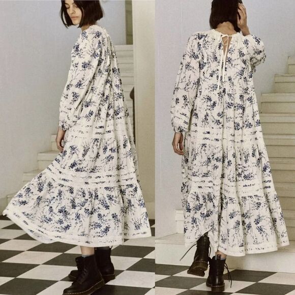 THE GREAT. The Hideaway lace-trimmed floral-print cotton midi dress XS - Picture 5 of 12